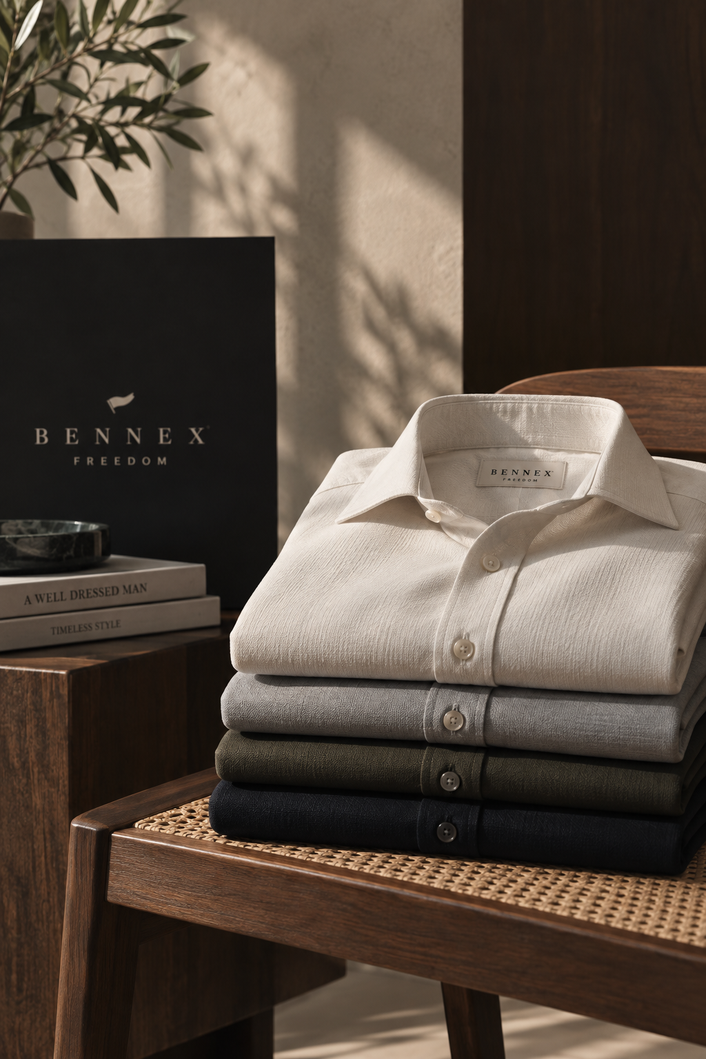 A stack of folded Bennex Freedom shirts beside the brand box