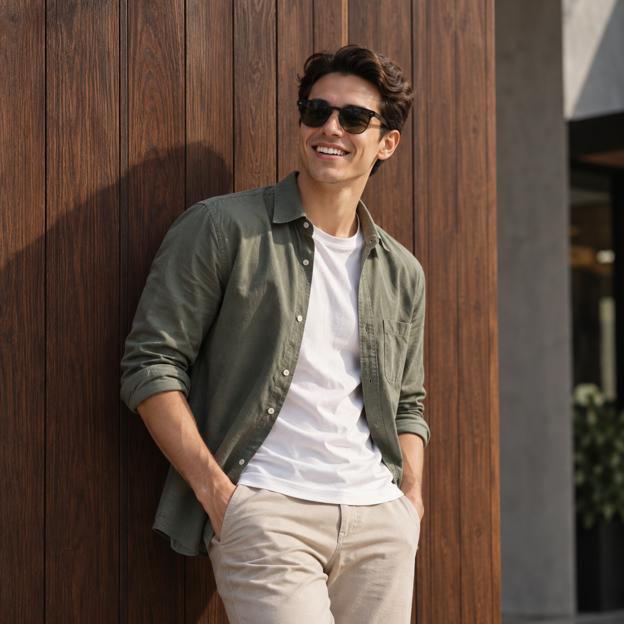 A man in an olive overshirt and chinos