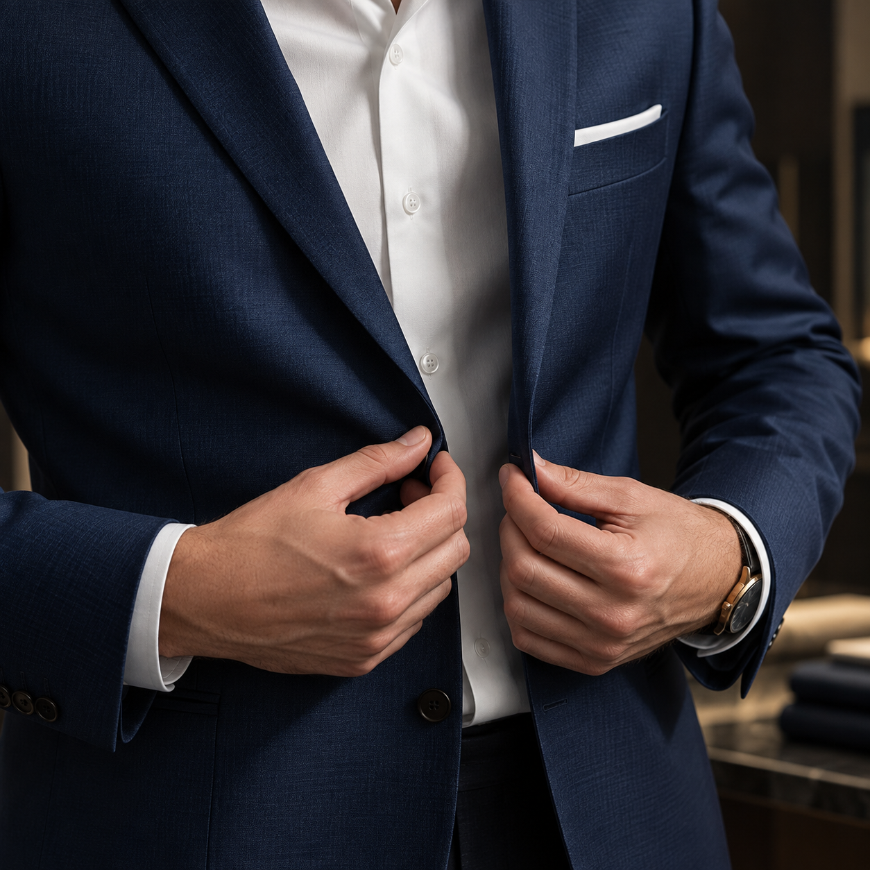 Close detail of a navy wool suit jacket