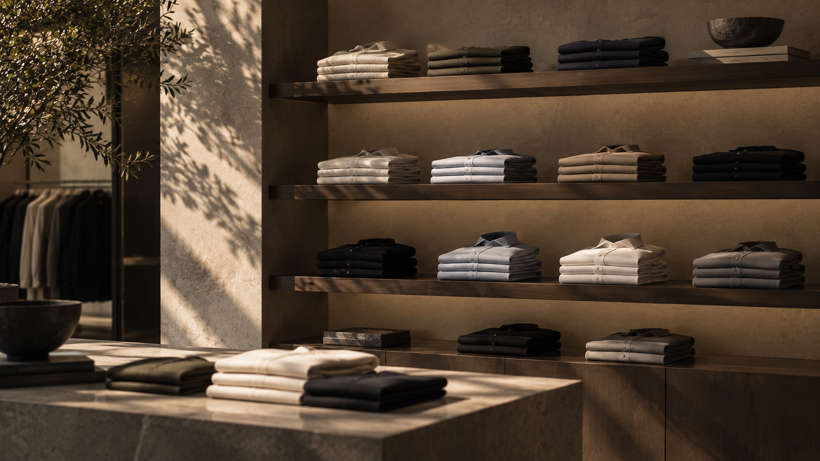 Folded shirting on shelves at a Westin retail counter